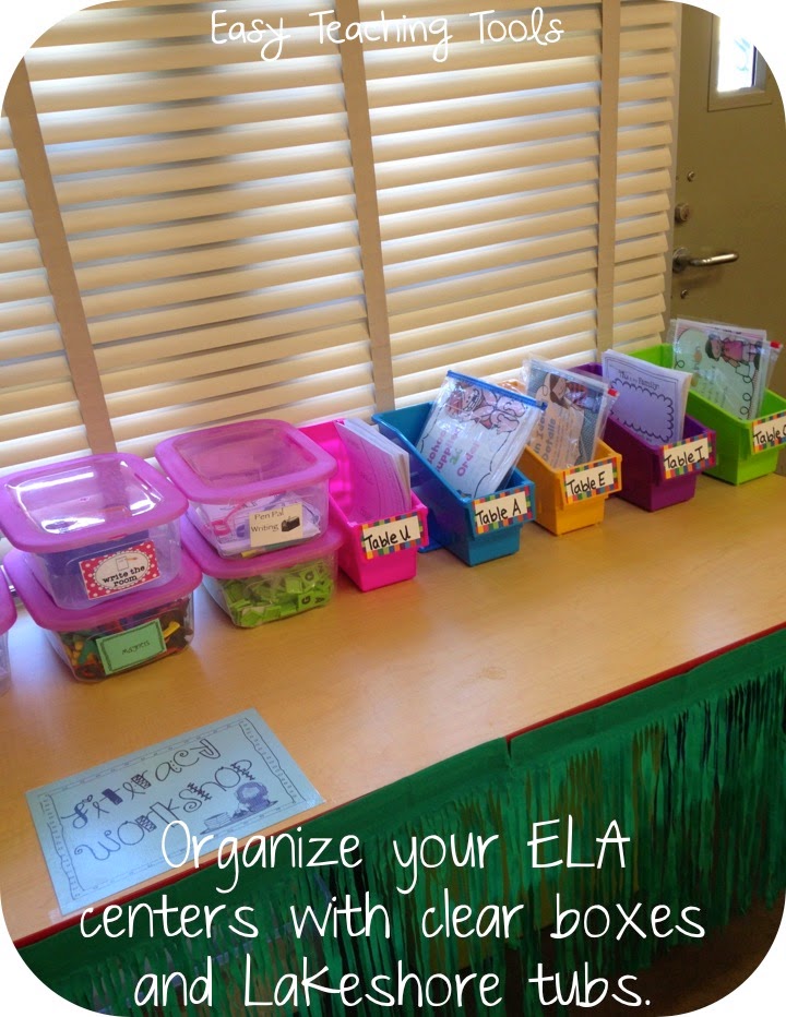 Use Lakeshore tubs and clear boxes to organize ELA centers