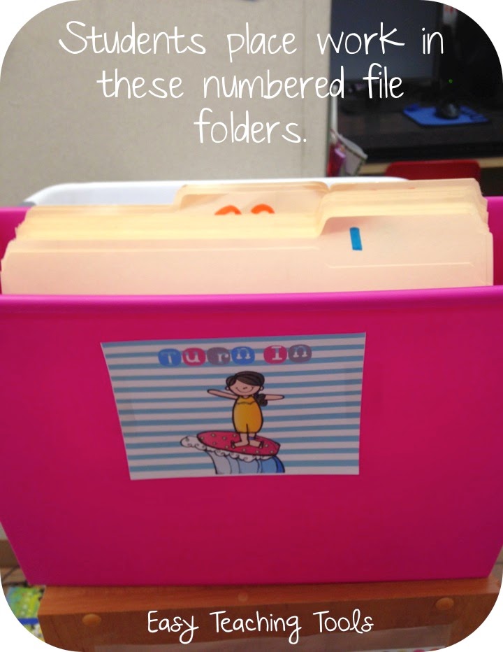Set up numbered file folders to collect students' homework: students can place their work in these numbered folders, which keeps things organized even when students forget to write their names on their work.