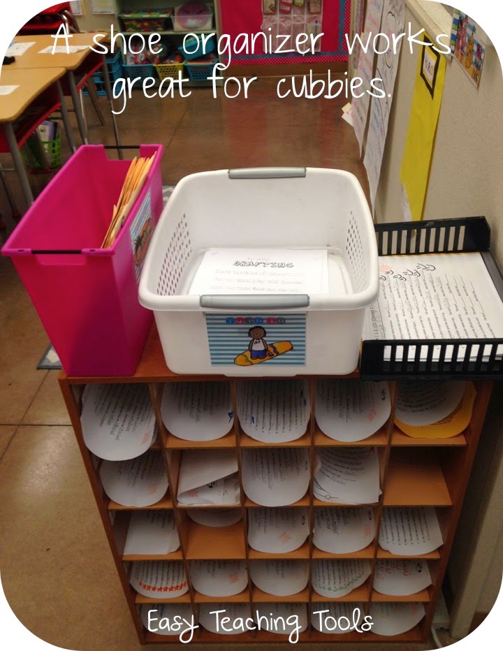 No cubbies? No problem: a shoe organizer works great for cubbies in the classroom.