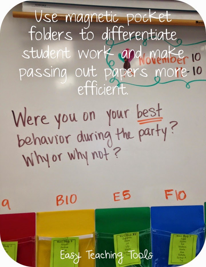 Use magnetic pocket folders to differentiate student work and make passing out papers more efficient.