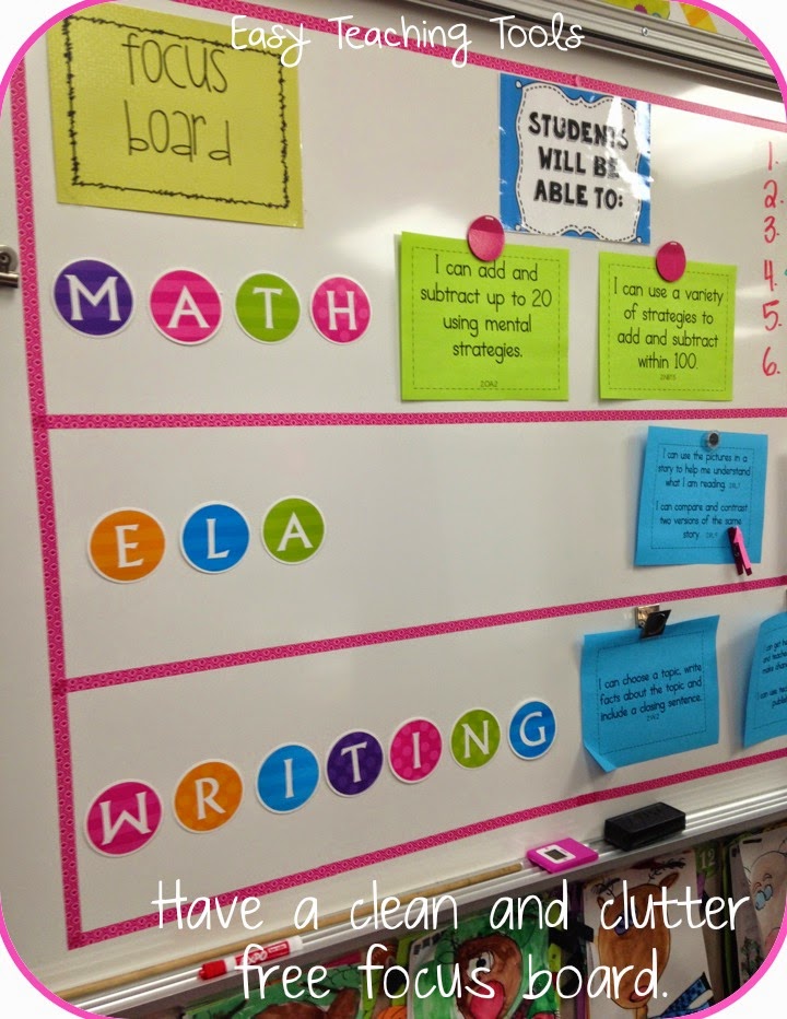Using colorful Washi Tape, use a whiteboard in your classroom to create a Focus Board. Using tape to organize the board will keep it clean and clutter free.