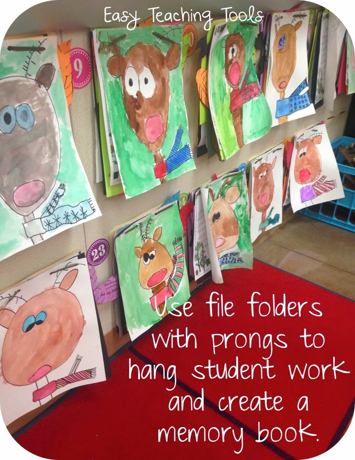 Use file folders with prongs to hang student work and create a memory book.