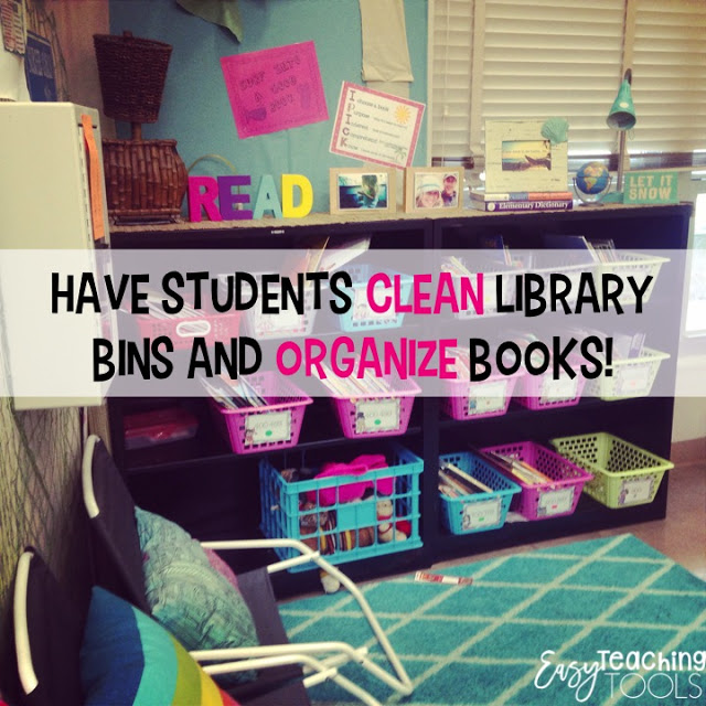  I get a little crazy and have them wipe down the shelves with cleaning wipes as well. I also have students organize the books, make sure they're in the correct lexiled bin and all of the spines are facing out. 