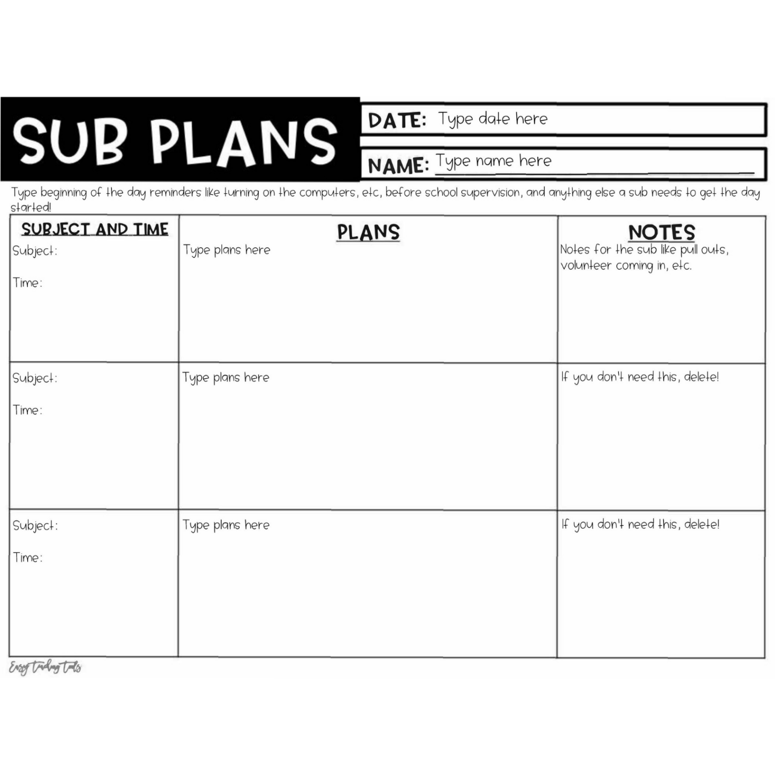 Sub Plans Template (Editable PowerPoint/Google Slides & PDF) Easy