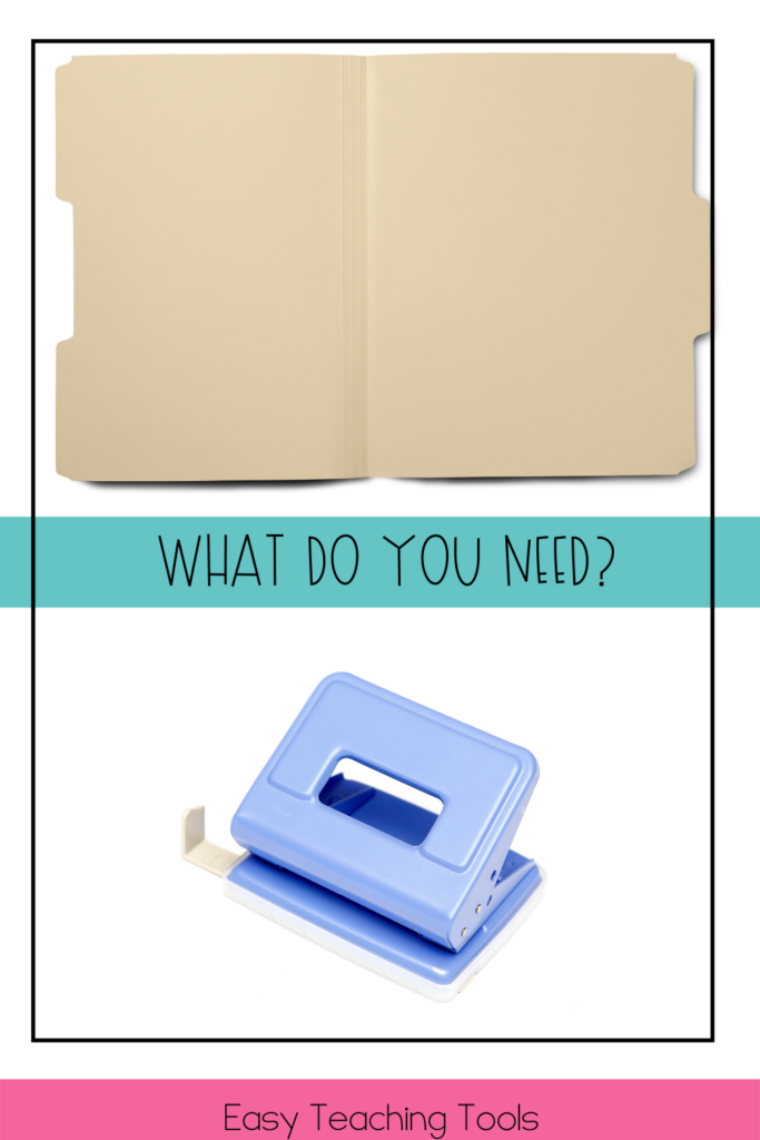 Use file folders with prongs and a two hole punch to begin putting your memory book together. 